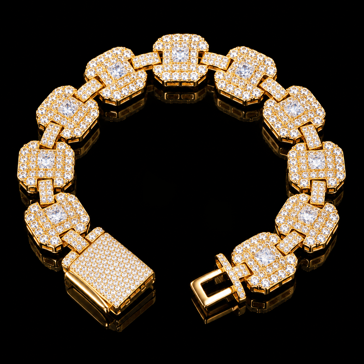 12mm Iced Out Square Halo Link Bracelet – Full Pavé 5A CZ, White Gold & Gold - Virtue JewelWhite Gold7’’