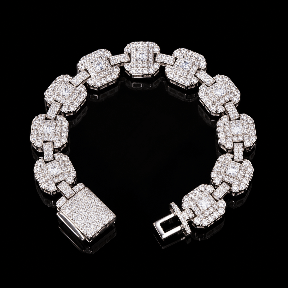 12mm Iced Out Square Halo Link Bracelet – Full Pavé 5A CZ, White Gold & Gold - Virtue JewelWhite Gold7’’