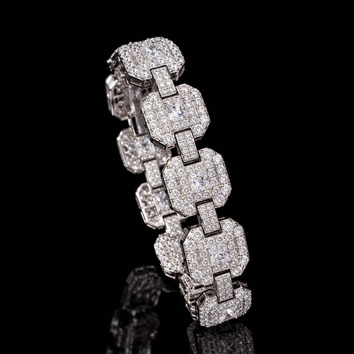 12mm Iced Out Square Halo Link Bracelet – Full Pavé 5A CZ, White Gold & Gold - Virtue JewelWhite Gold7’’