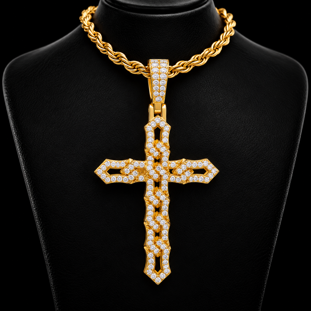 Iced Out Openwork Cross Pendant – Woven Knot Design, VVS Moissanite, Gold & White Gold