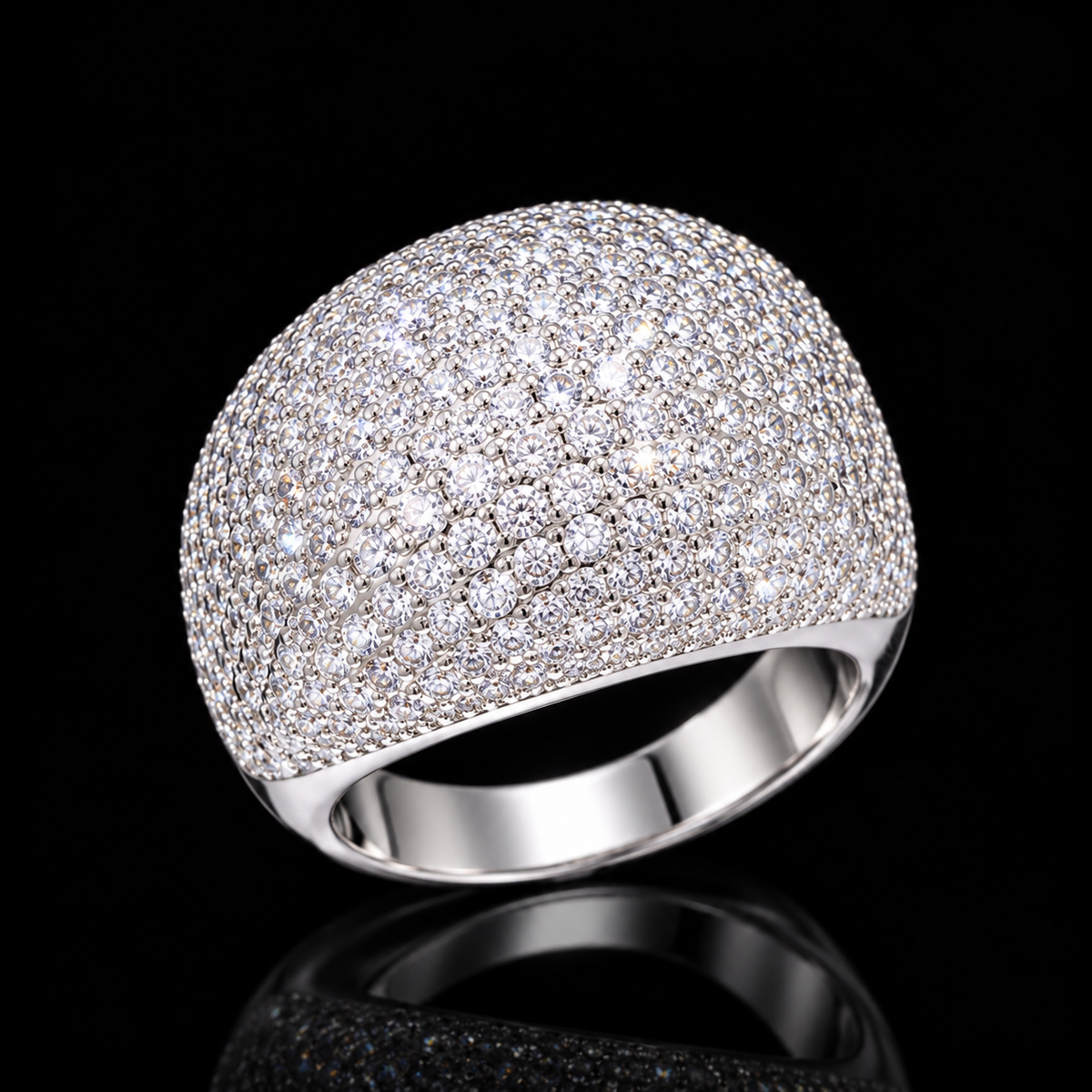 Iced Out Dome Ring – Full Micro Pavé Chunky Bombé Ring, 5A CZ, Gold & White Gold