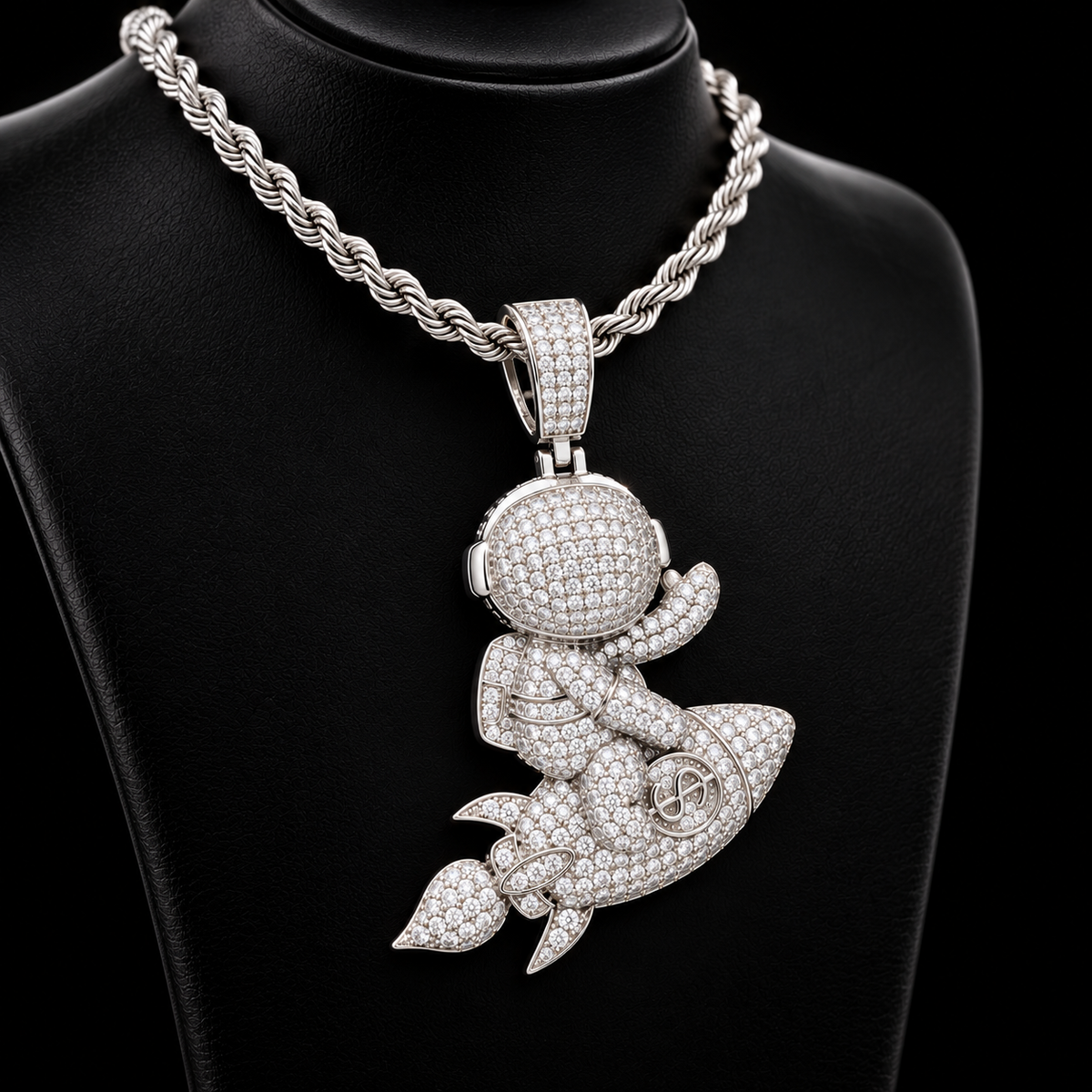 Iced Out Astronaut Riding Rocket Pendant – VVS Moissanite, Gold & White Gold