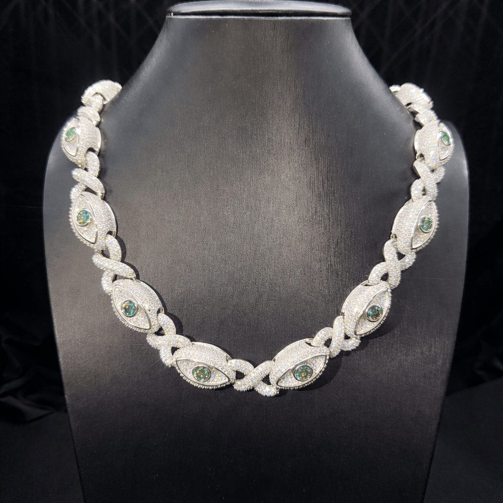 925 Silver Evil Big Eye 15MM Iced Out Moissanite Cuban Link Chain - Virtue JewelWhite Gold18 inchRed