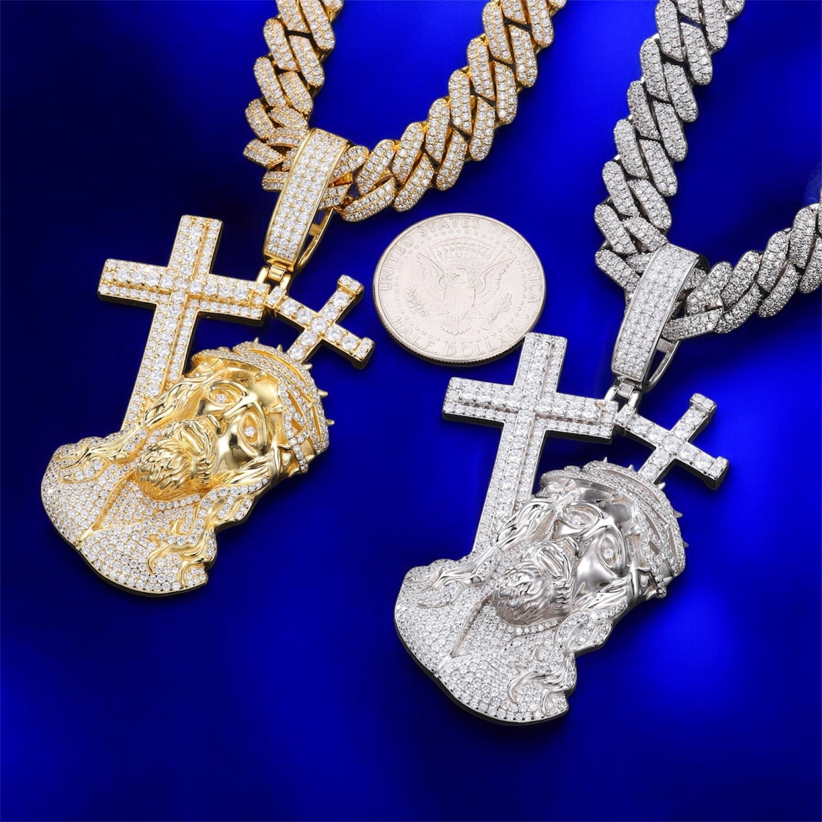 925 Silver Moissanite Cross On Back White Gold & Gold Jesus Pendant - JewelsGold