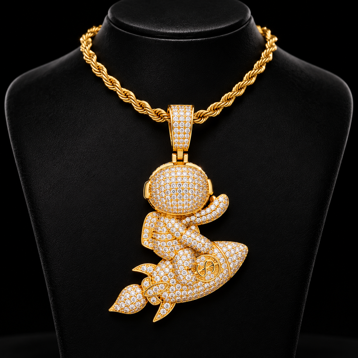 Iced Out Astronaut Riding Rocket Pendant – VVS Moissanite, Gold & White Gold
