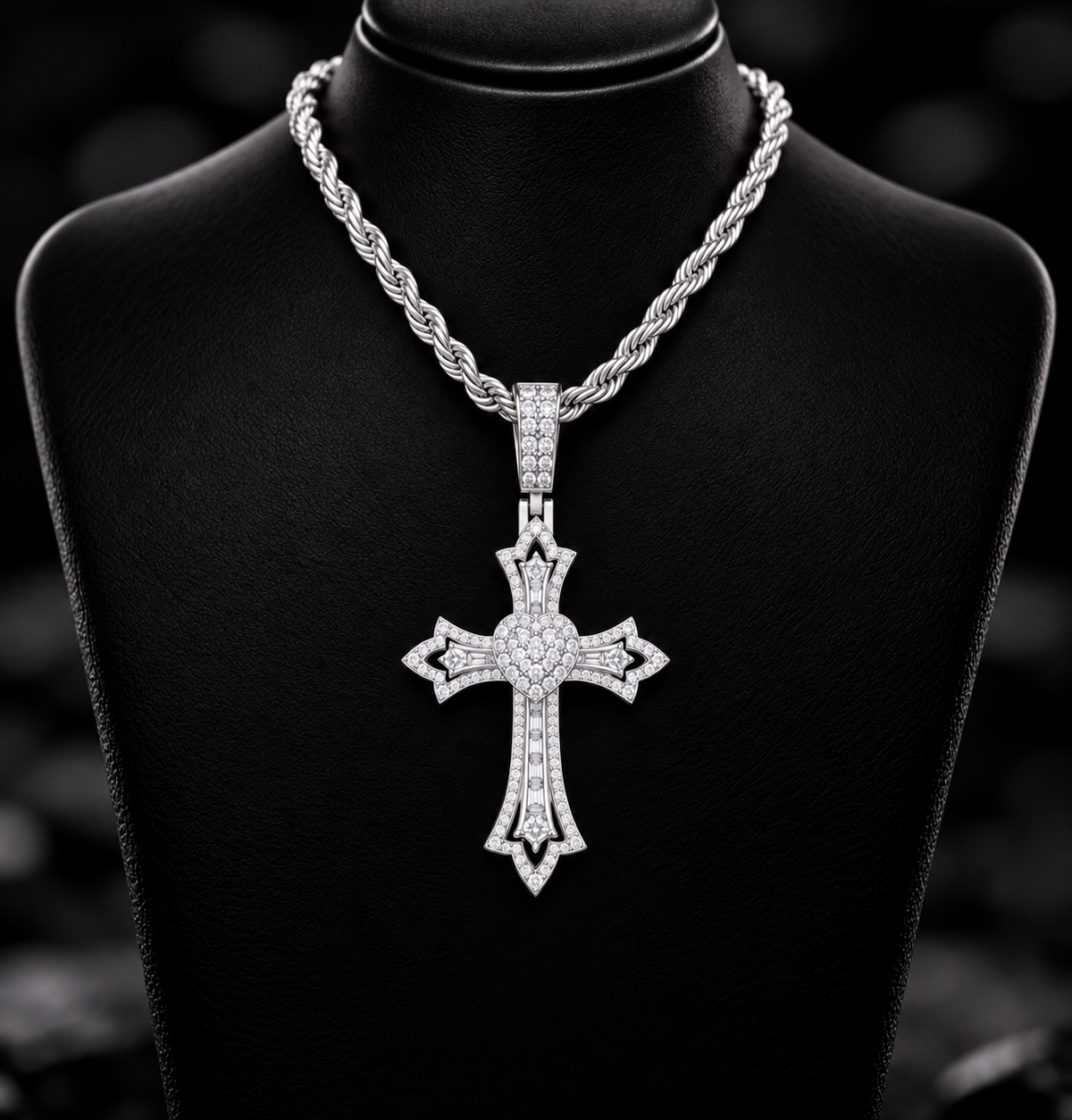 Iced Out Gothic Heart Cross Pendant – VVS Moissanite, 3-Layer Design, Gold & White Gold