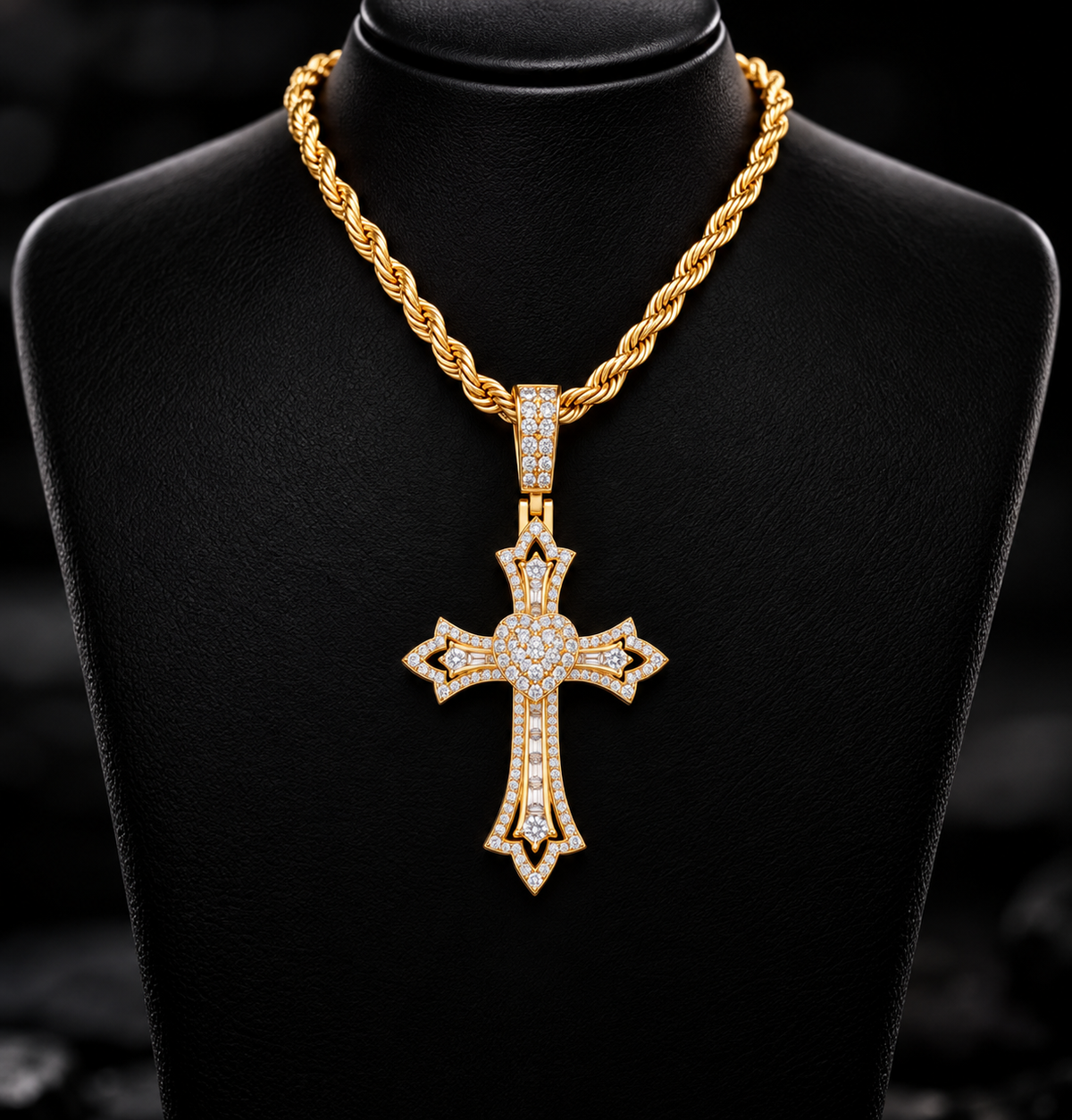 Iced Out Gothic Heart Cross Pendant – VVS Moissanite, 3-Layer Design, Gold & White Gold