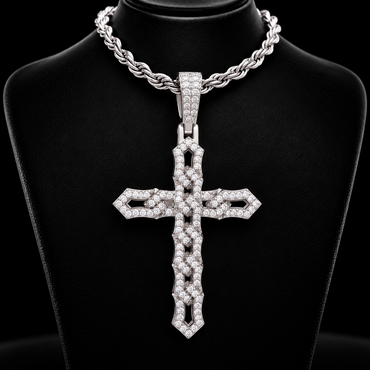 Iced Out Openwork Cross Pendant – Woven Knot Design, VVS Moissanite, Gold & White Gold