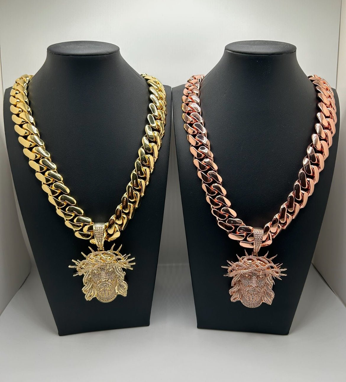 Chain Miami Cuban Link Rose Gold & Yellow Gold Plated Chain Necklace Jesus Crown Pendant - Virtue JewelGold10mm24inch