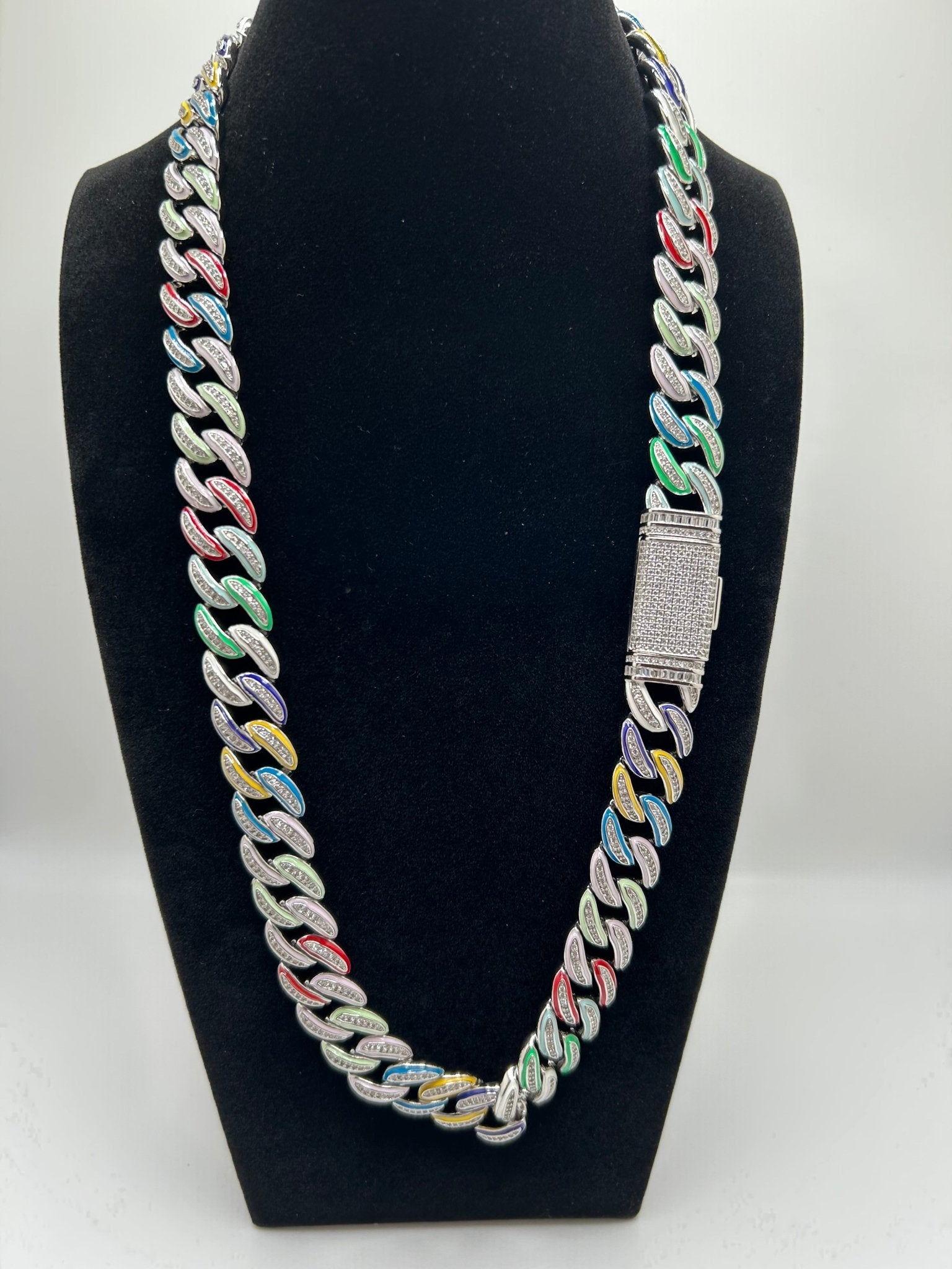 Colorful Multi Color Candy Cuban Iced Out Stimulated Diamonds Chain - Virtue JewelGold18inchChain Necklace