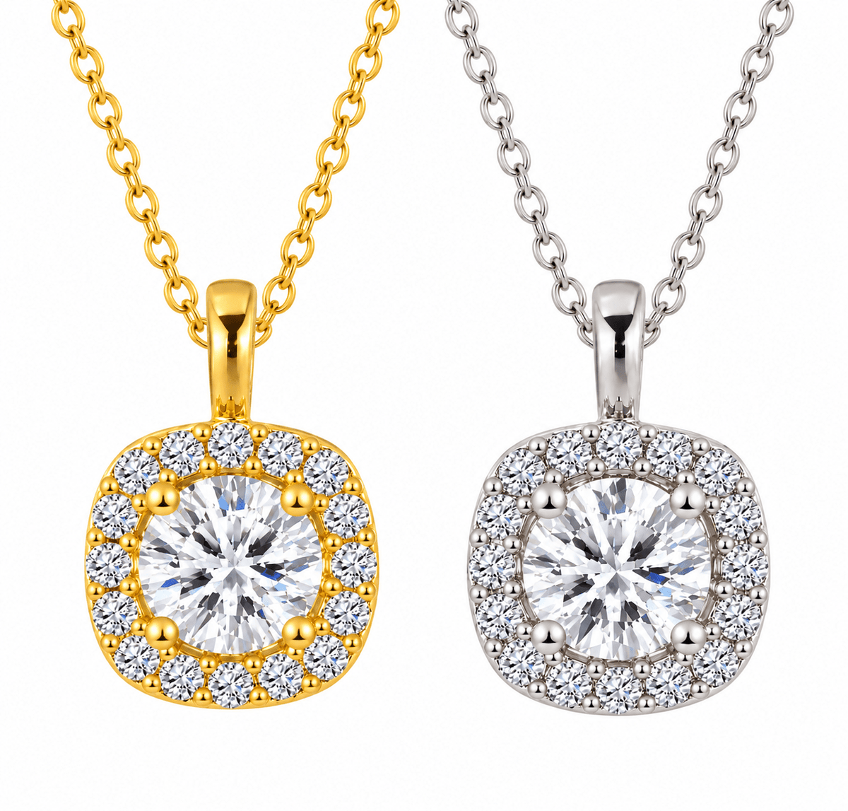 Cushion Halo Solitaire Pendant Necklace – 925 Silver Gold Plated - Virtue JewelSilver