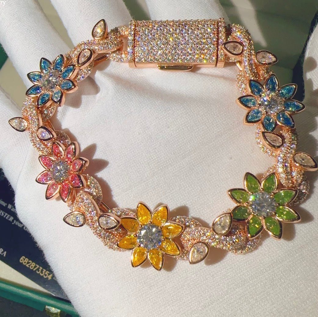 Diamond Flower 14K Gold Plated 925 Silver Moissanite Bracelet - Virtue JewelRose gold7 inch