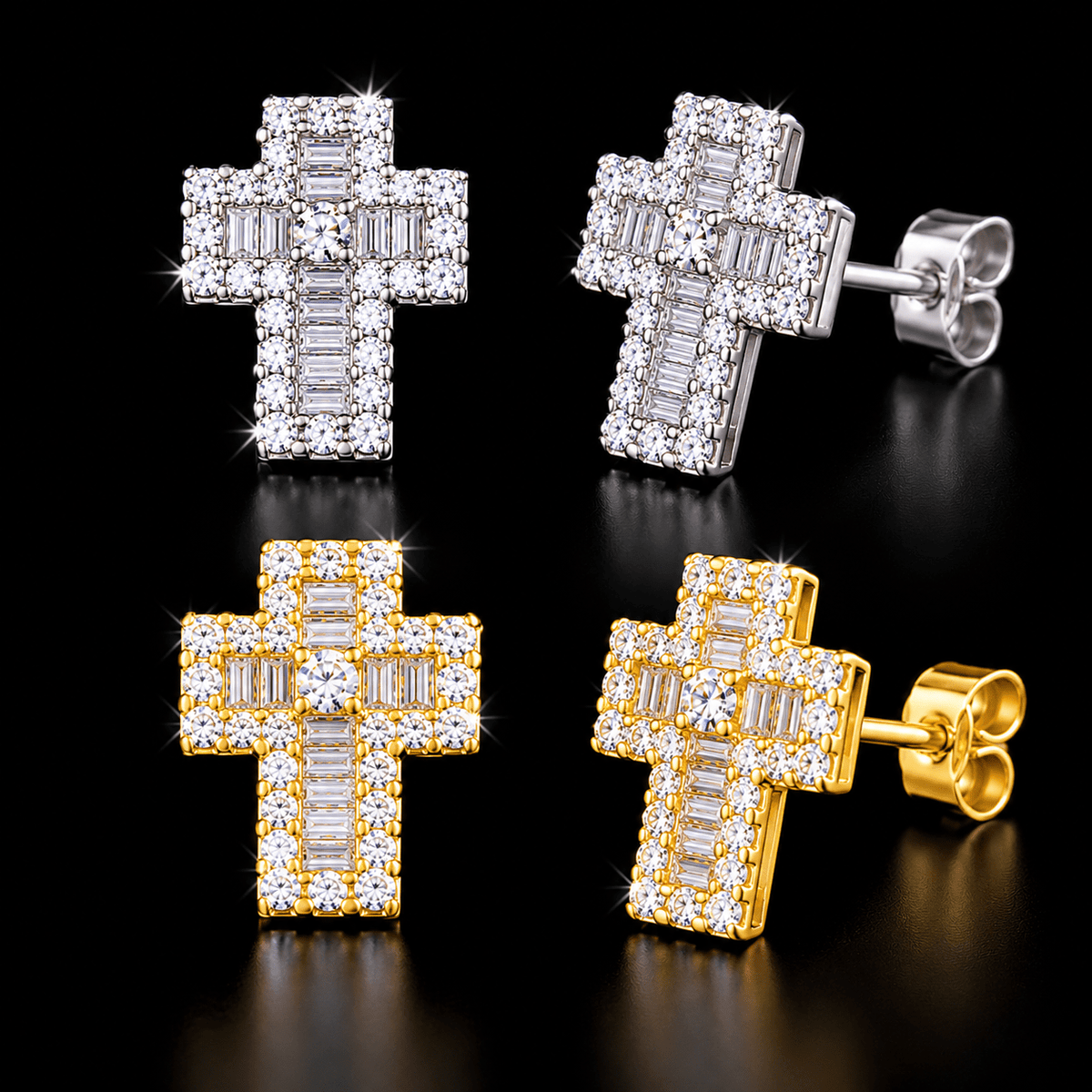Divine Ice Iced-Out Baguette Cross Stud Earrings – Gold & Silver - Virtue JewelGold
