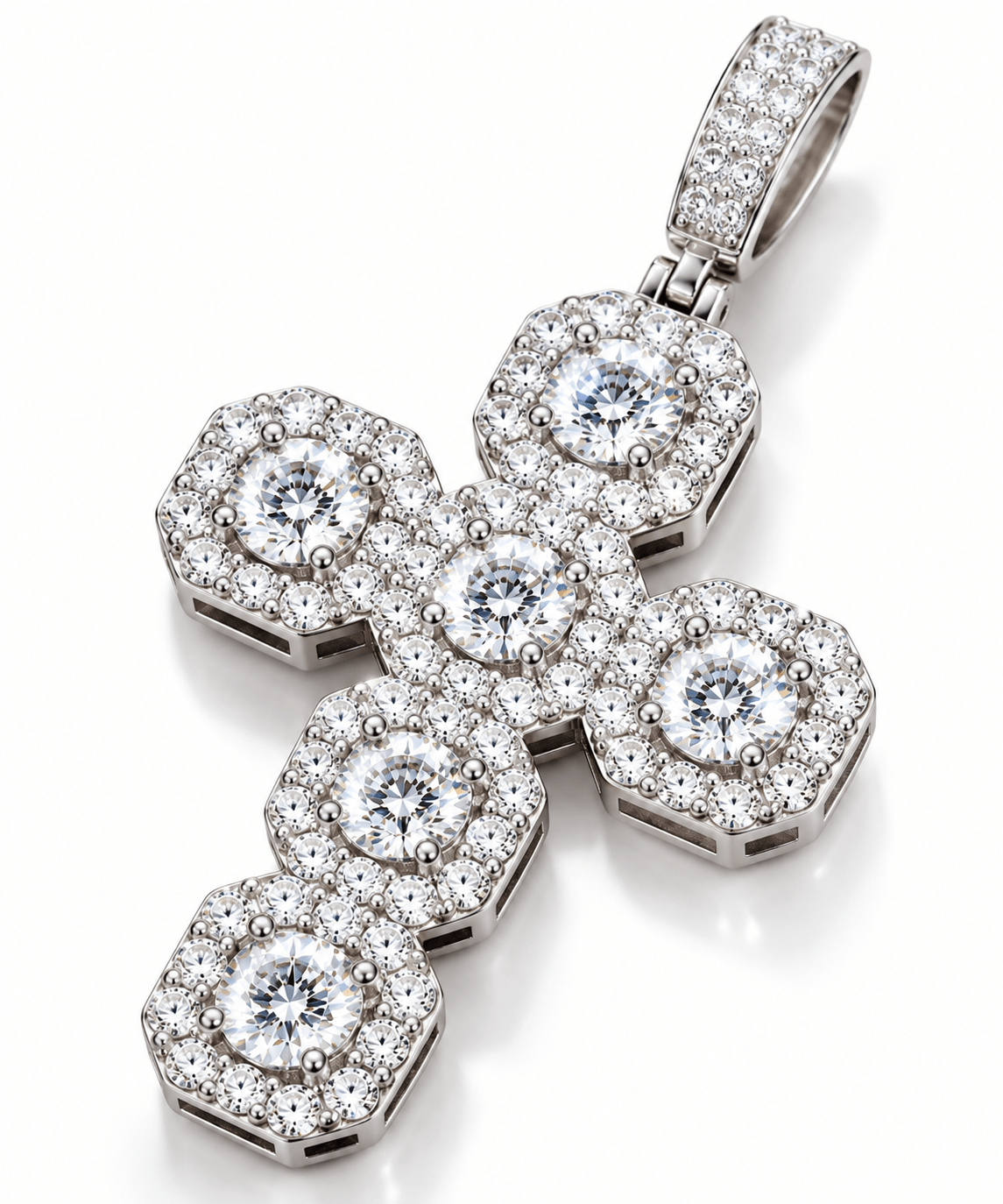 Fashion Design Party Jewelry 925 Sterling Silver Paved Vvs Moissanite Diamond Cluster Halo Cross Pendant for Men - Virtue JewelWhite GoldPendant