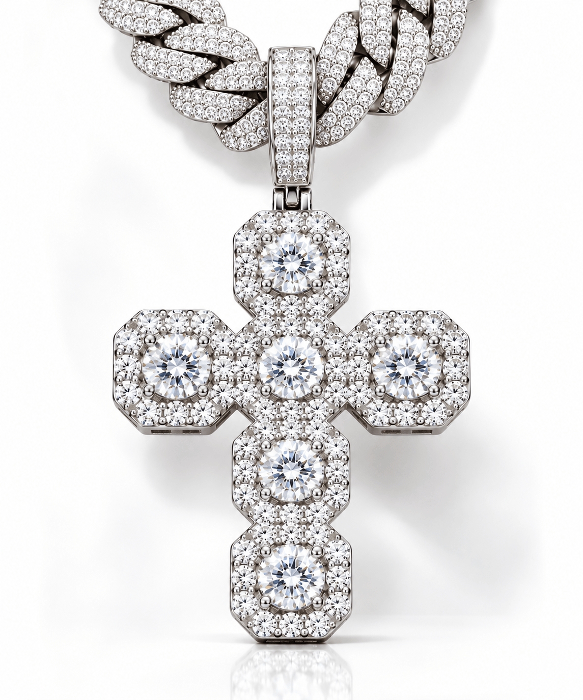 Fashion Design Party Jewelry 925 Sterling Silver Paved Vvs Moissanite Diamond Cluster Halo Cross Pendant for Men - Virtue JewelWhite GoldPendant