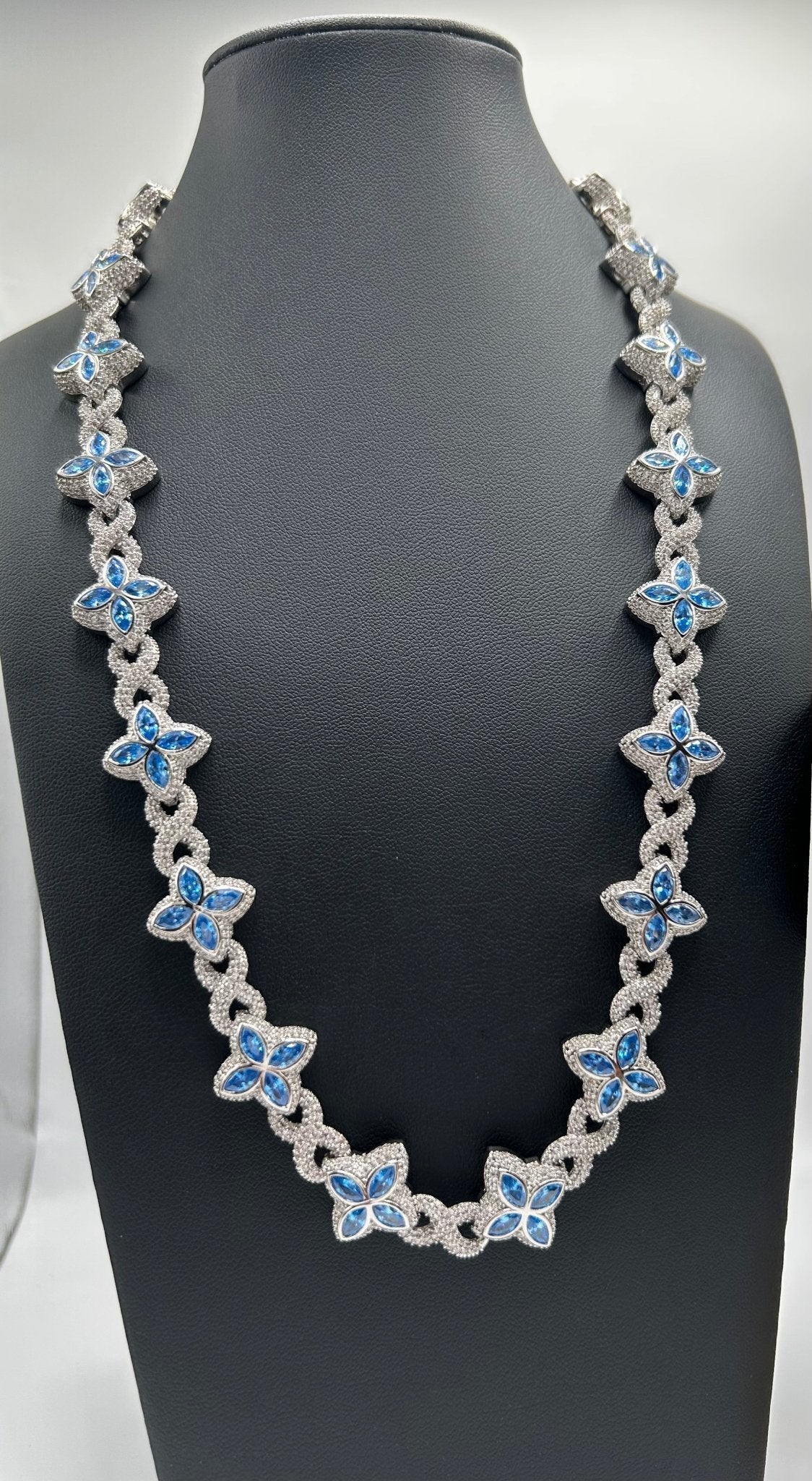 Flower 4 Leaf Clover Iced Out Chains & Bracelet Silver & Blue Set - Virtue Jewel207
