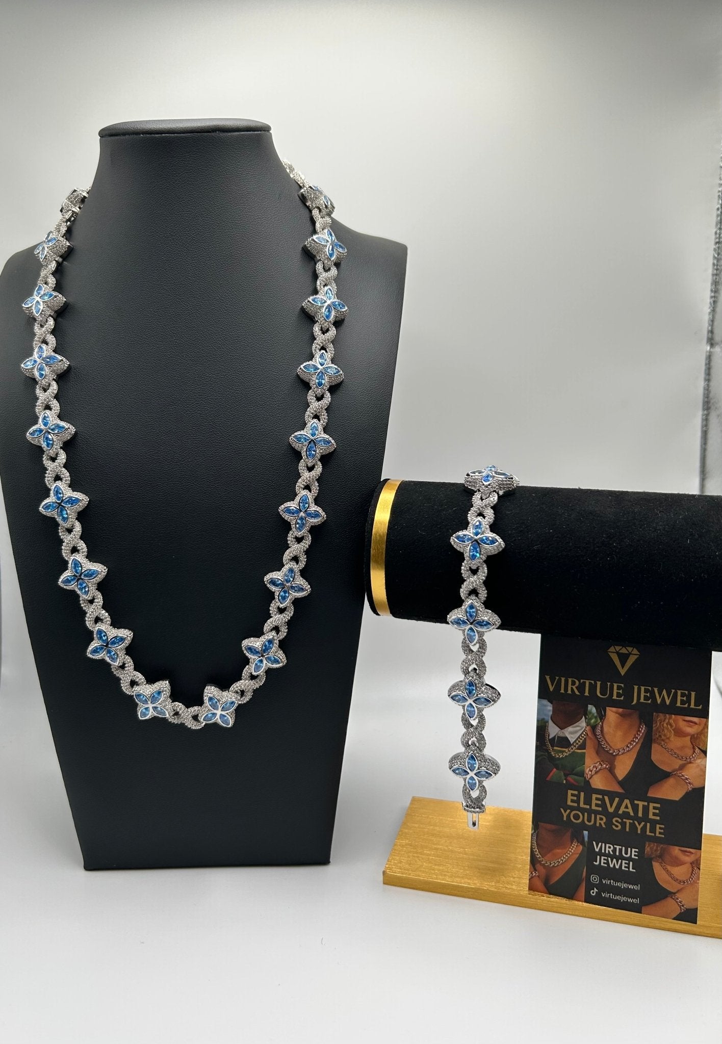 Flower 4 Leaf Clover Iced Out Chains & Bracelet Silver & Blue Set - Virtue Jewel207
