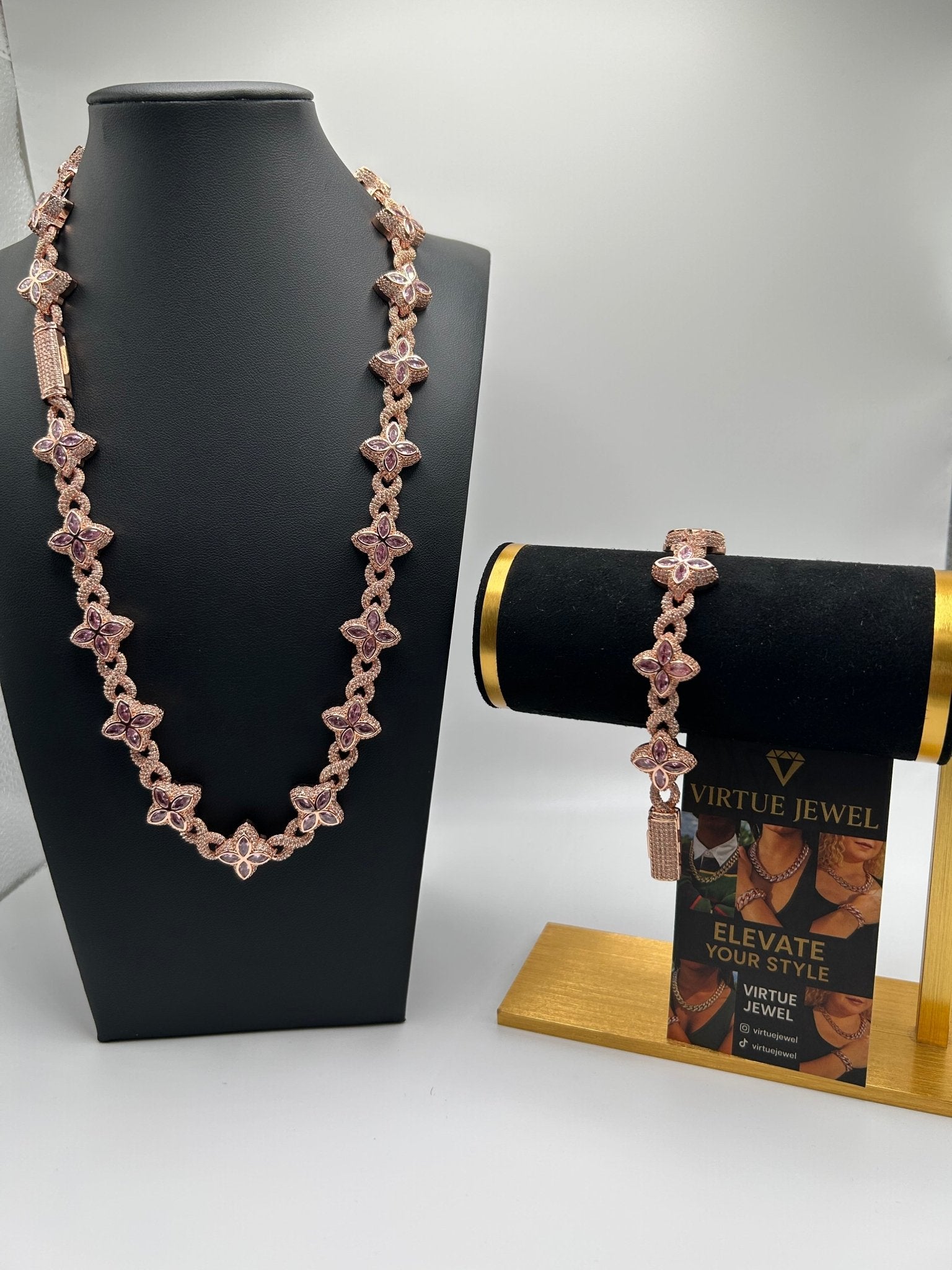 Flower 4 Leaf Clover Iced Out Premium Quality Chains & Bracelet Rose Gold Pink Set - Virtue Jewel207