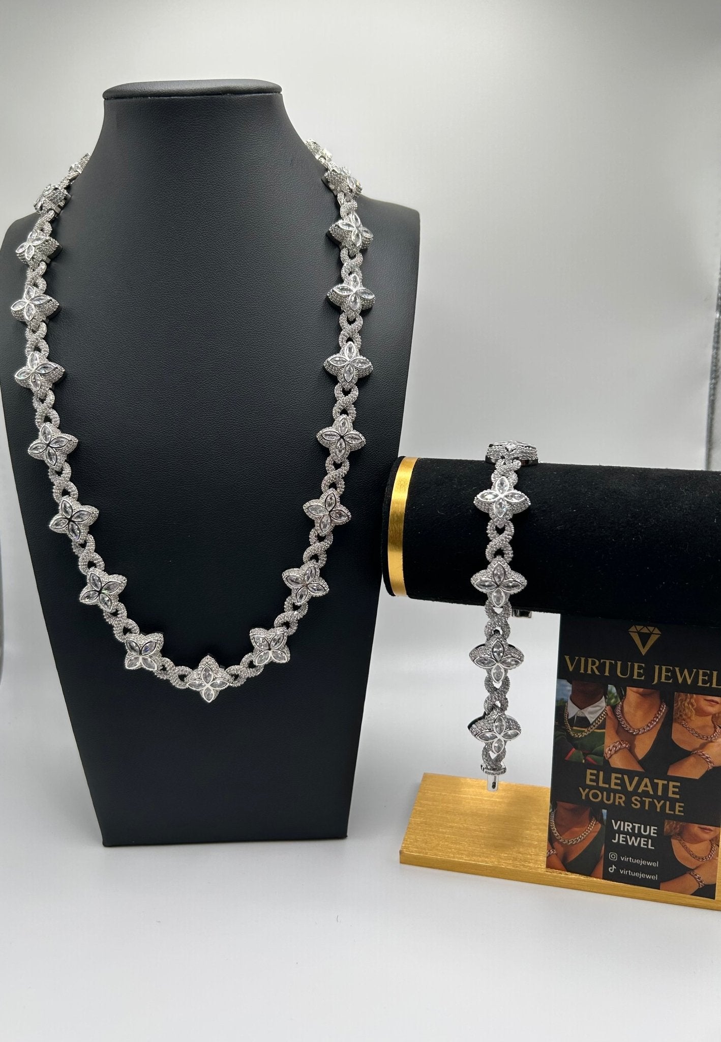 Flower 4 Leaf Clover Iced Out Premium Quality Chains & Bracelet Silver & White Set - Virtue Jewel207