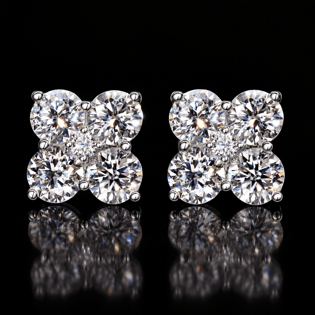 Four Leaf Clover Moissanite Stud Earrings – 925 Sterling Silver, White Gold - Virtue JewelWhite Gold