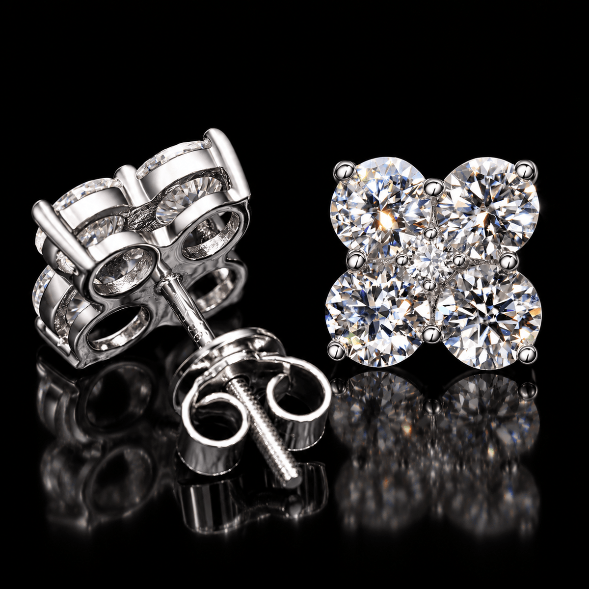 Four Leaf Clover Moissanite Stud Earrings – 925 Sterling Silver, White Gold - Virtue JewelWhite Gold