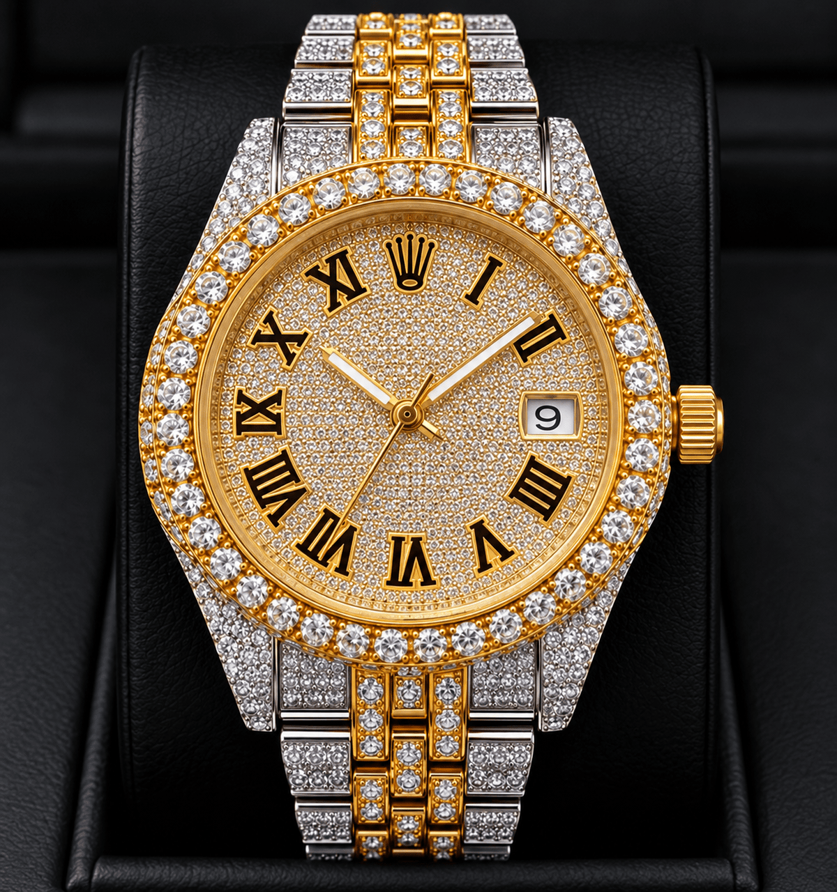 Fully Iced-Out Roman Numeral Dial Watch – Two-Tone Gold & Silver - Virtue JewelSilver