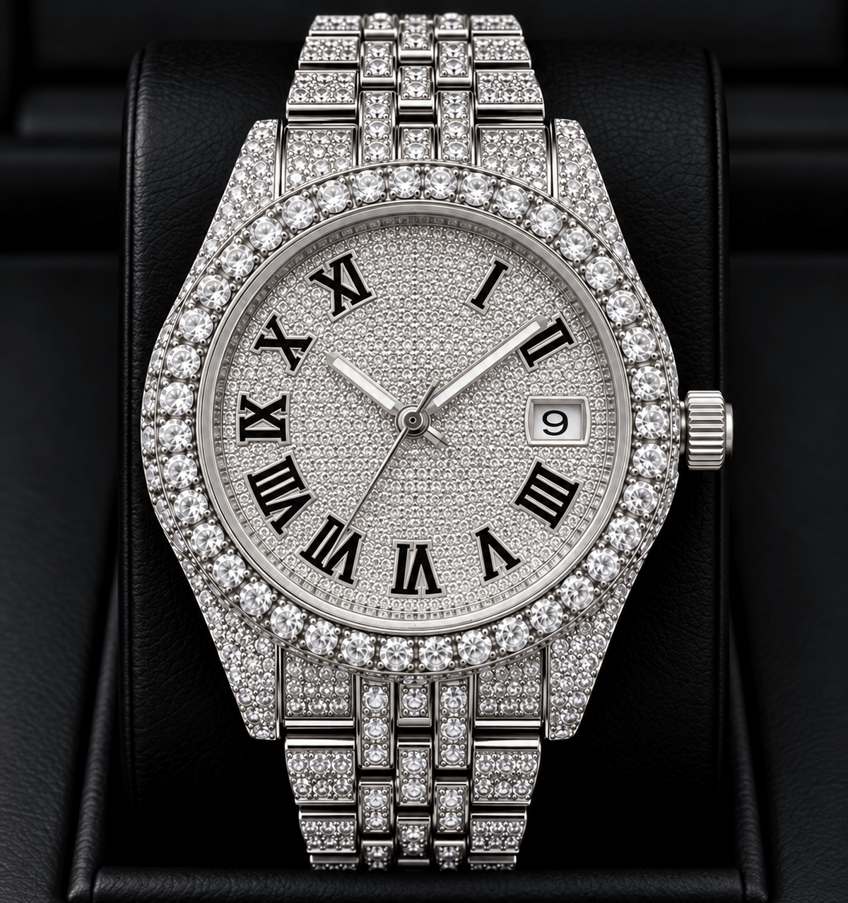 Fully Iced-Out Roman Numeral Dial Watch – Two-Tone Gold & Silver - Virtue JewelSilver