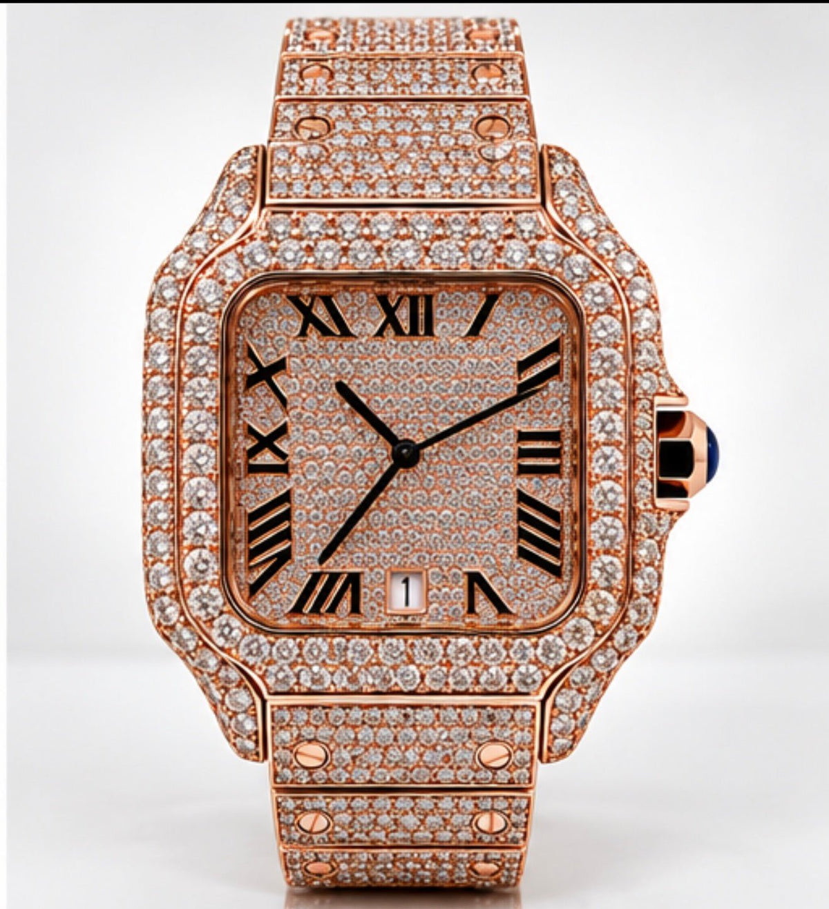 Fully Iced-Out Square Automatic Watch – Silver, Gold & Rose Gold- Roman Numerals - Virtue JewelSilver