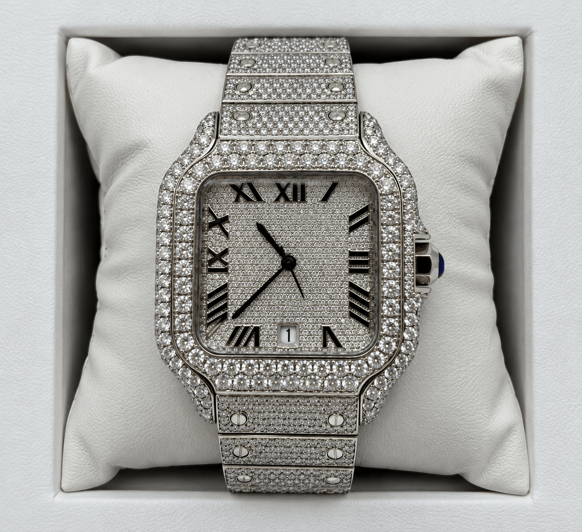 Fully Iced-Out Square Automatic Watch – Silver, Gold & Rose Gold- Roman Numerals - Virtue JewelSilver