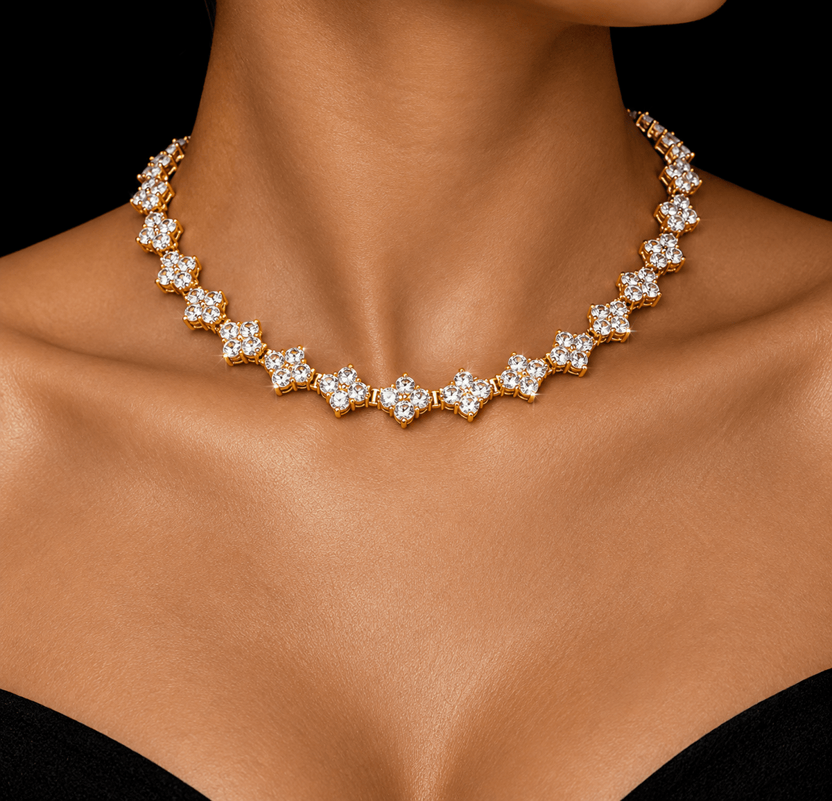 Gold Floral Cluster Tennis Chain – Iced-Out Flower Design Necklace - Virtue Jewel