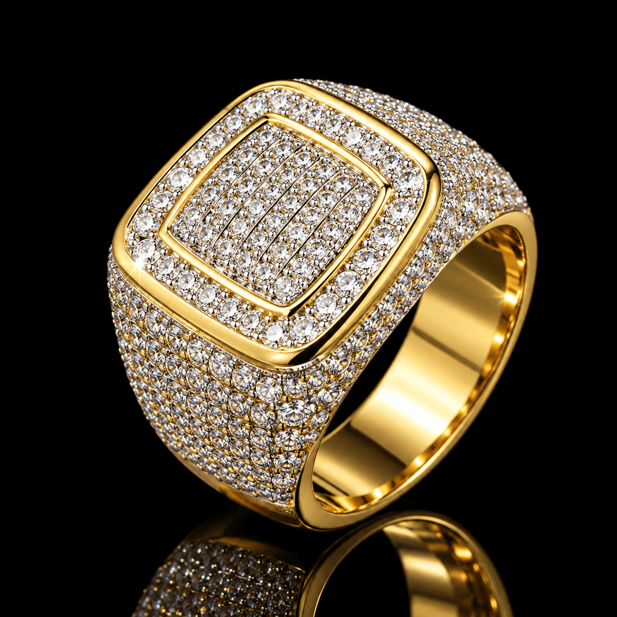 Gold Iced-Out Square Signet Ring – Pavé-Style Statement Ring - Virtue Jewel7