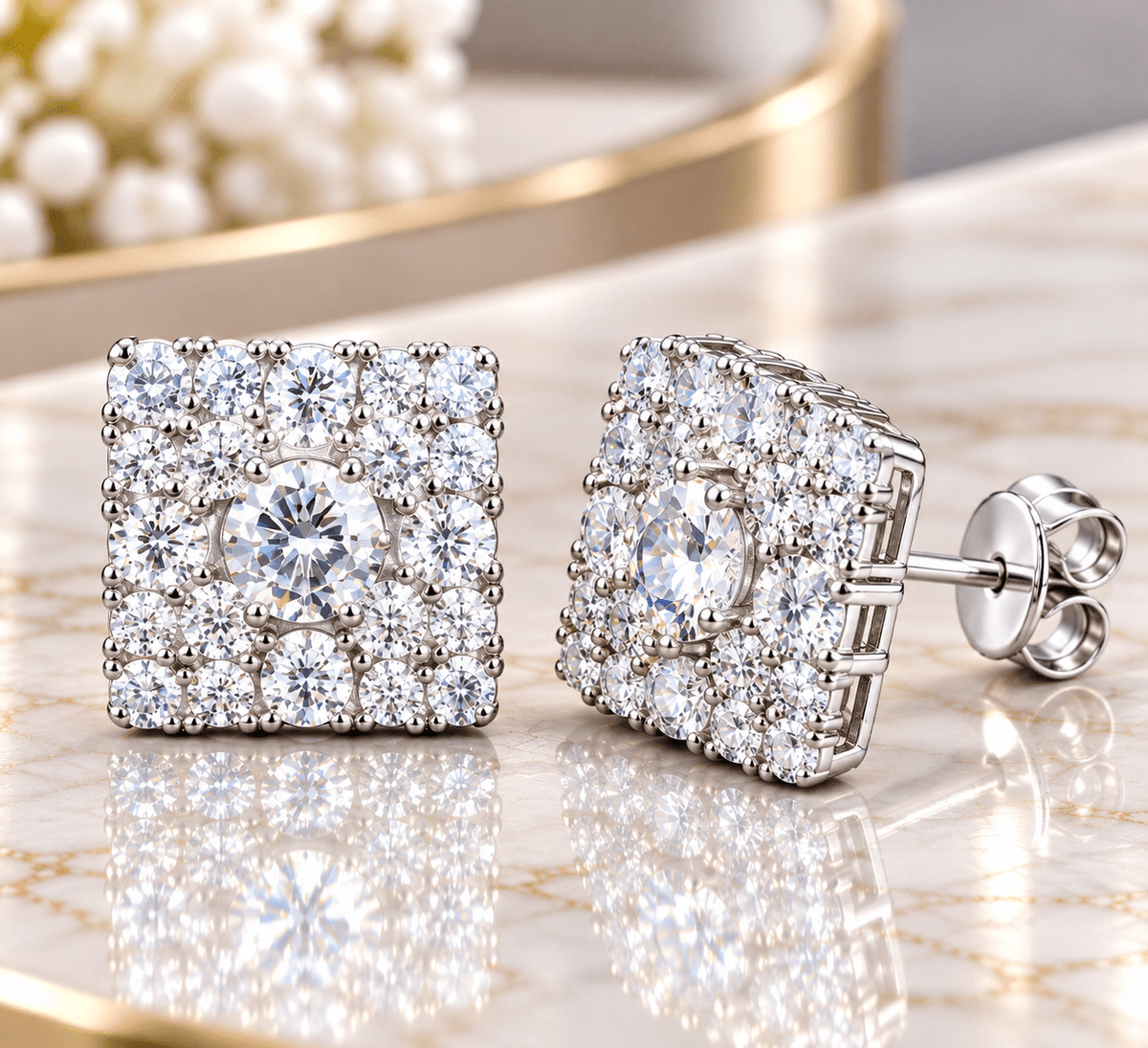 GRA Certified Square Cluster Halo Stud Earrings – 925 Sterling Silver VVS Moissanite - Virtue JewelWhite GoldEarrings