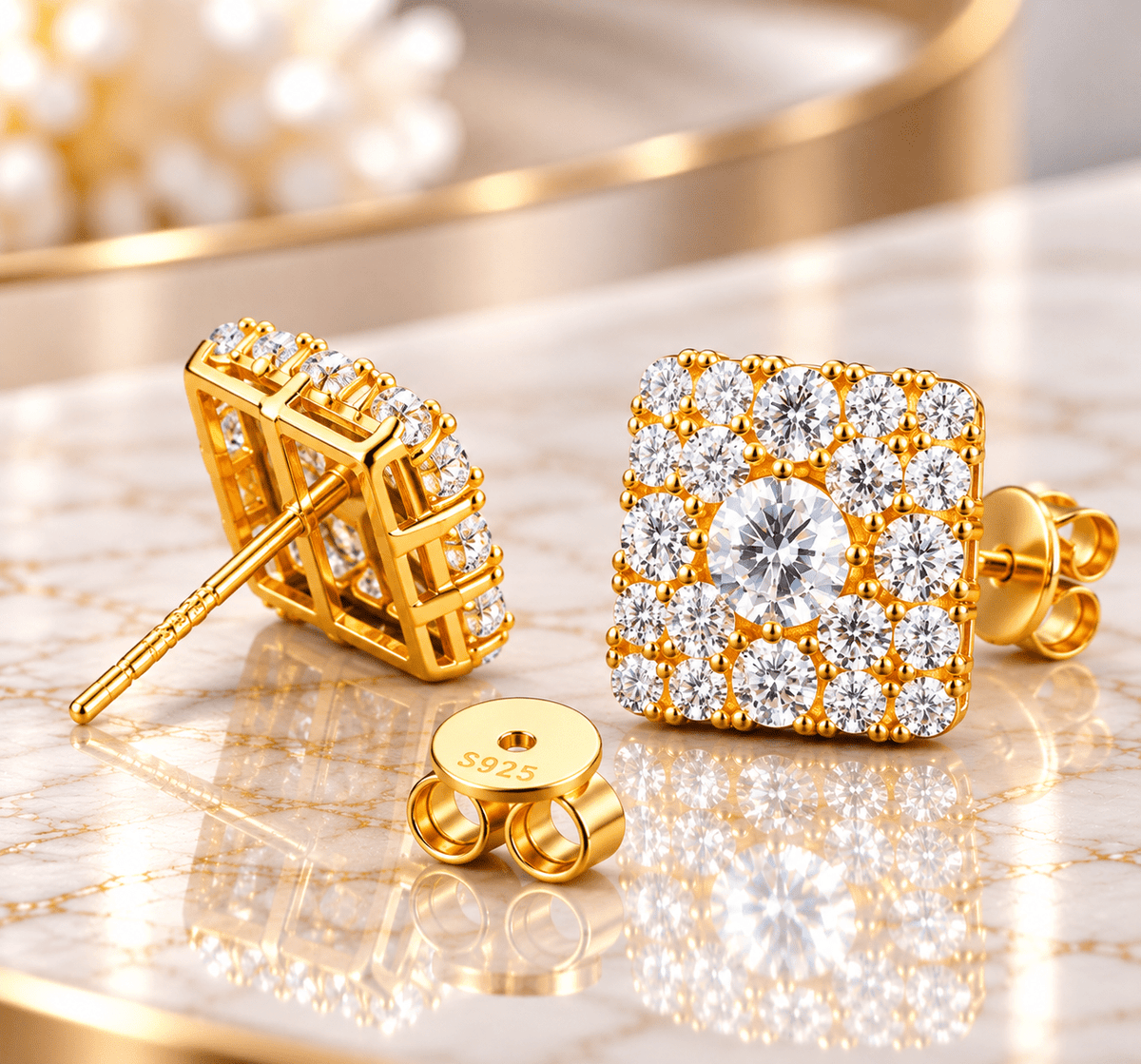 GRA Certified Square Cluster Halo Stud Earrings – 925 Sterling Silver VVS Moissanite - Virtue JewelWhite GoldEarrings