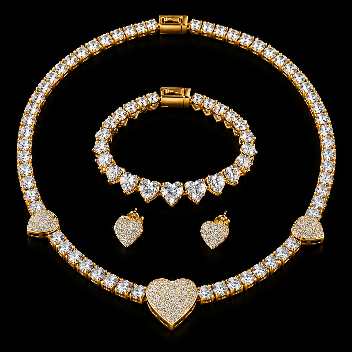 Heart Desire Iced-Out Tennis Necklace, Bracelet & Earrings Set – Gold & Silver - Virtue JewelGold