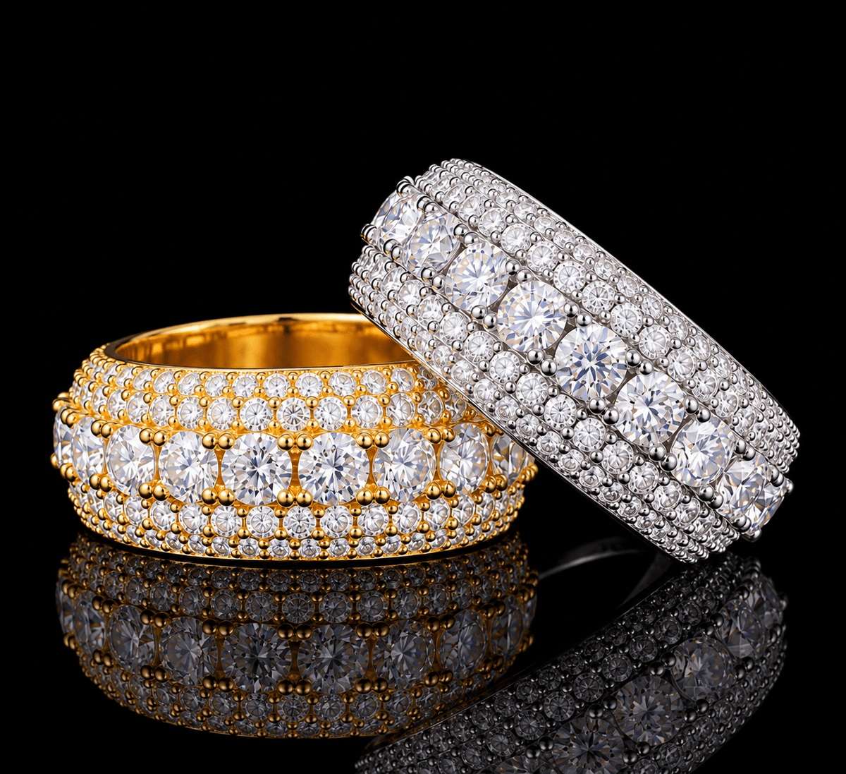 Iced Out 5 Row Moissanite Ring – 925 Sterling Silver, White Gold & Gold - Virtue JewelSilver