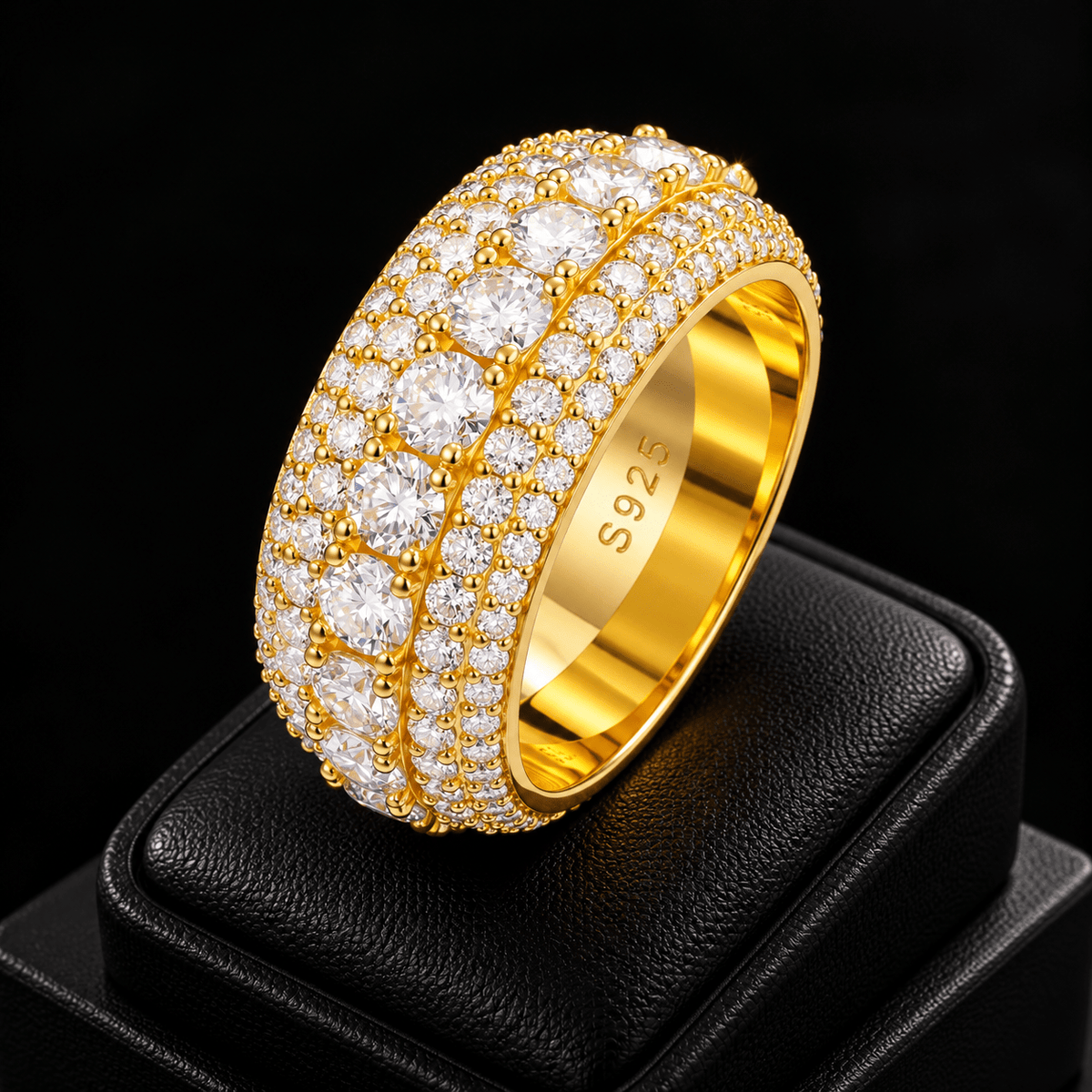 Iced Out 5 Row Moissanite Ring – 925 Sterling Silver, White Gold & Gold - Virtue JewelSilver