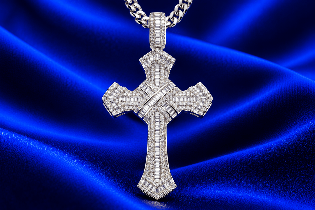 Iced Out Baguette CZ Cross Pendant Necklace – Vintage Hip Hop - Virtue JewelSilverPendant