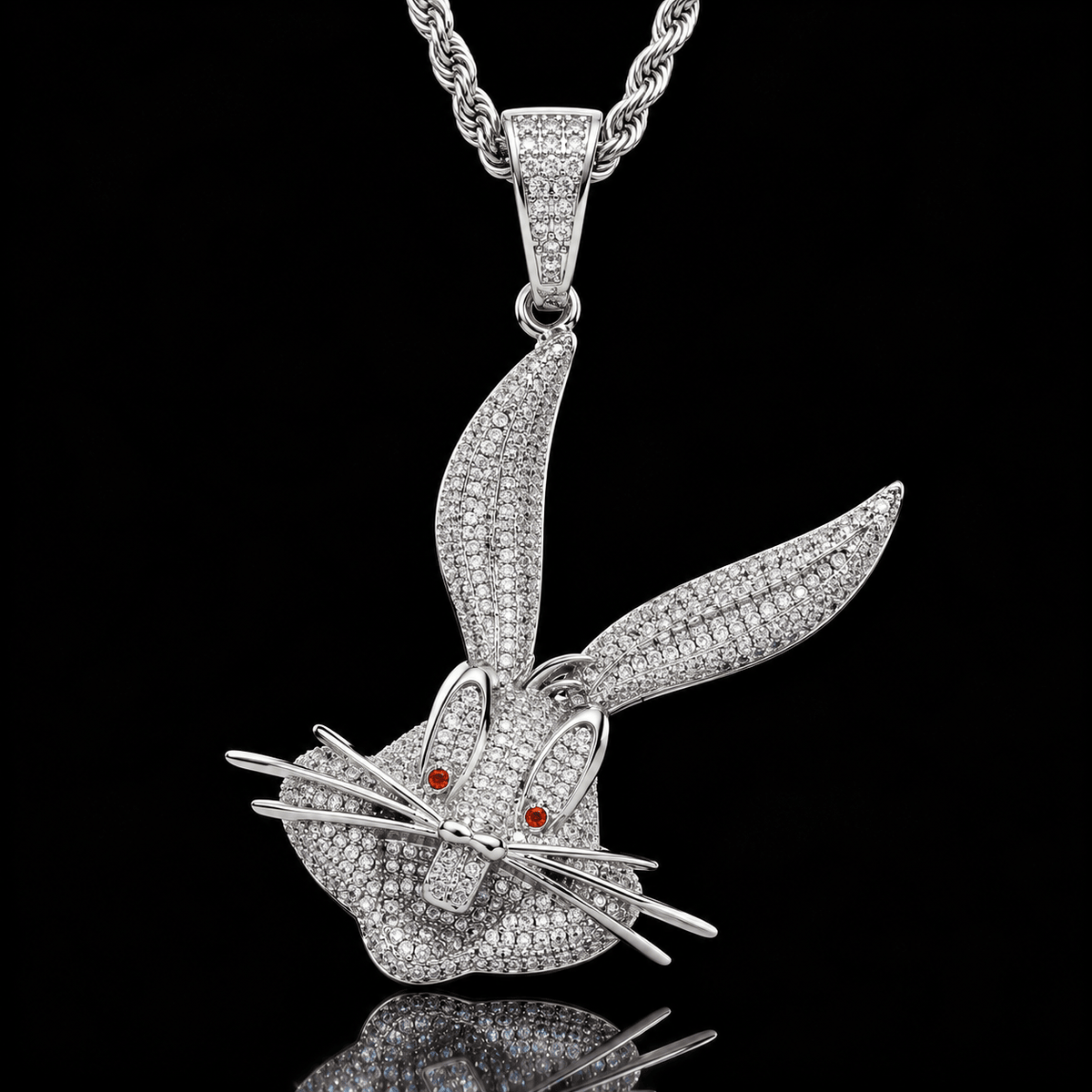 Iced Out Bugs Bunny Pendant Necklace – CZ Rope Chain, Gold & Silver - Virtue JewelSilver