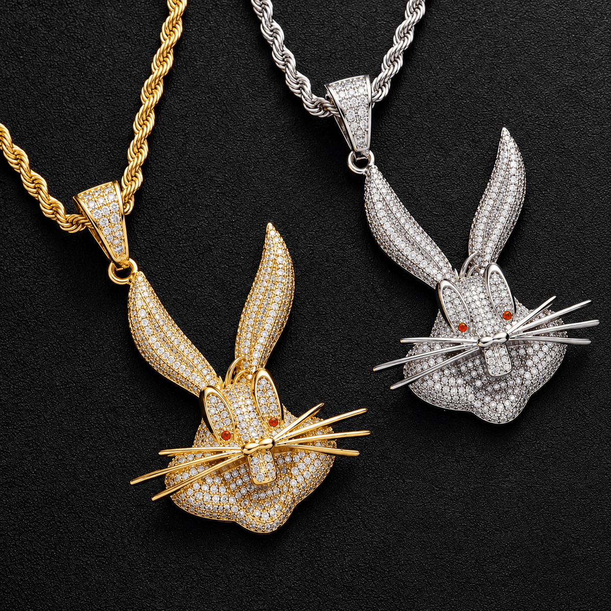 Iced Out Bugs Bunny Pendant Necklace – CZ Rope Chain, Gold & Silver - Virtue JewelSilver
