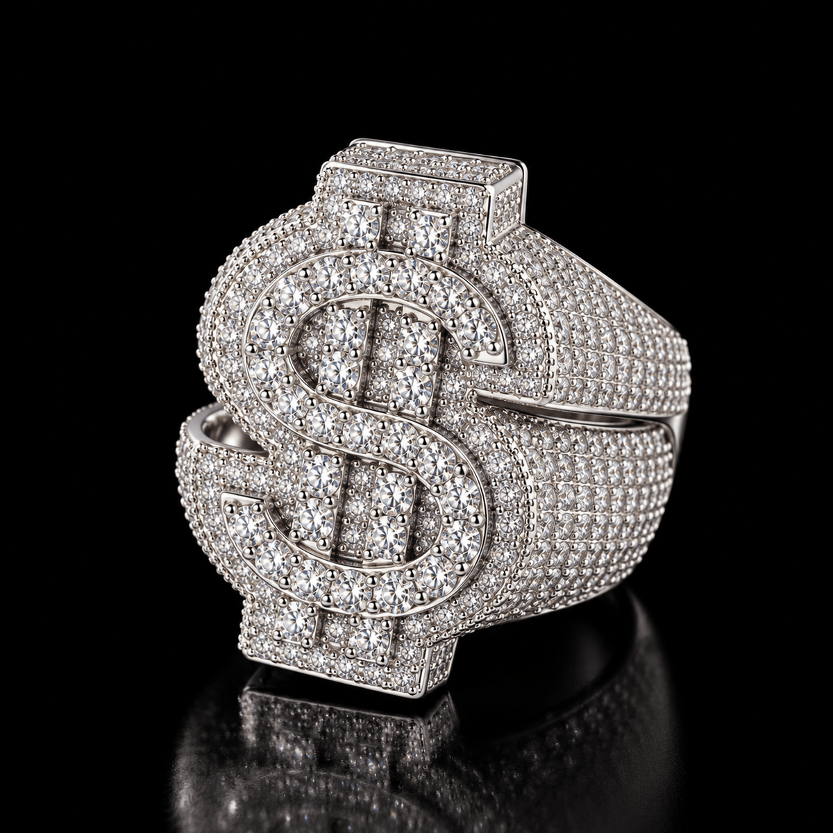 Iced Out Dollar Sign Ring – 5A CZ, Gold & Silver - Virtue JewelSilver