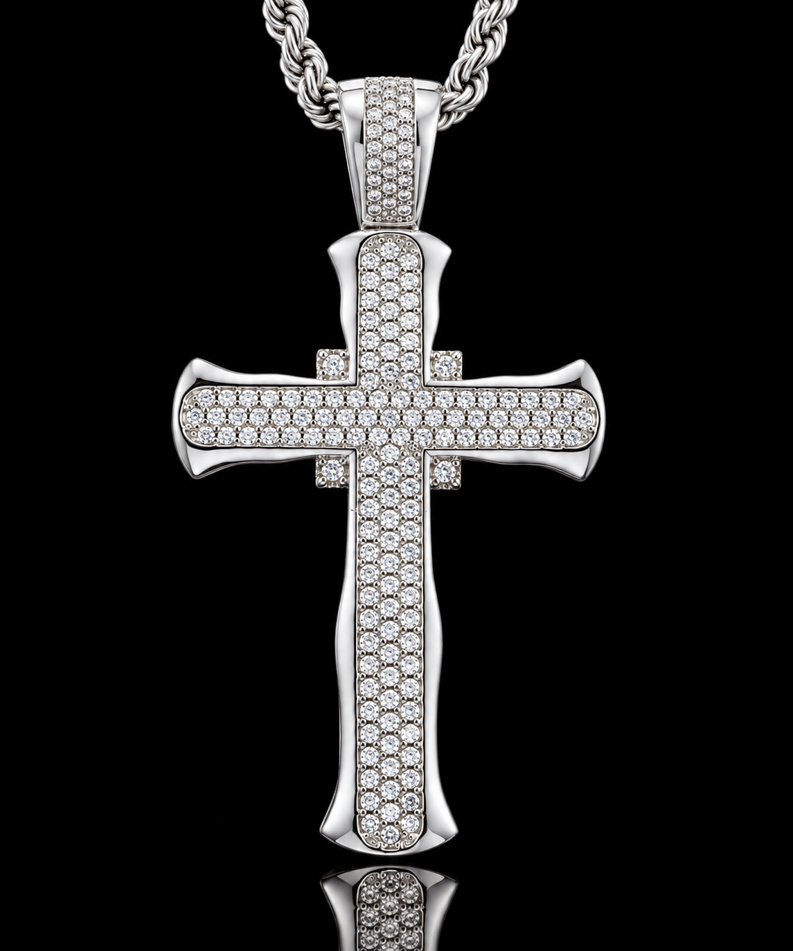 Iced Out Flared Cross Pendant – Triple Row Pavé, Gold & White Gold - Virtue JewelWhite Gold