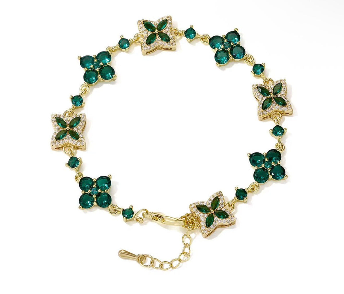 Iced Out Four Leaf Clover Adjustable Bracelet - Virtue JewelGold + GreenBracelets