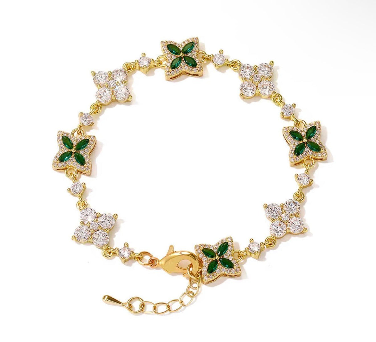 Iced Out Four Leaf Clover Adjustable Bracelet - Virtue JewelGold + GreenBracelets