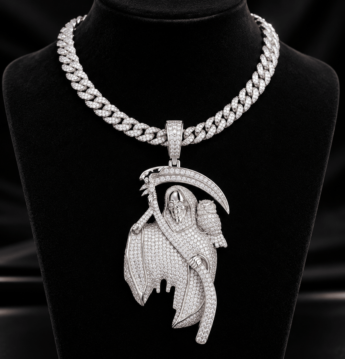 Iced Out Grim Reaper Pendant Necklace – Skull, Scythe & Owl, Full CZ Pavé, Gold White Gold & Rose Gold - Virtue JewelSilver