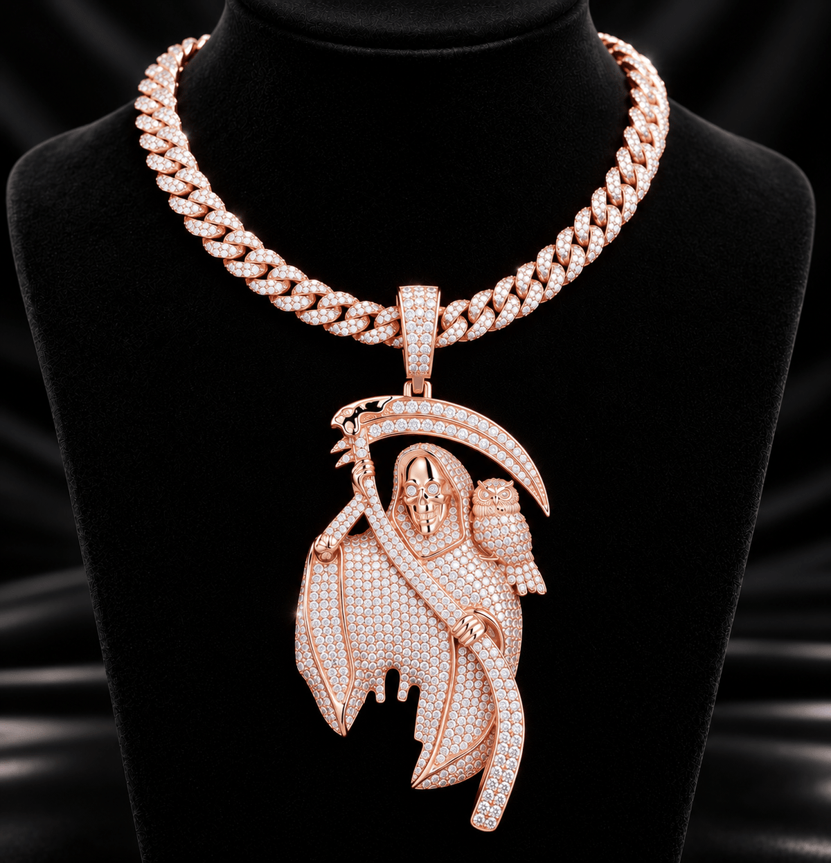Iced Out Grim Reaper Pendant Necklace – Skull, Scythe & Owl, Full CZ Pavé, Gold White Gold & Rose Gold - Virtue JewelSilver