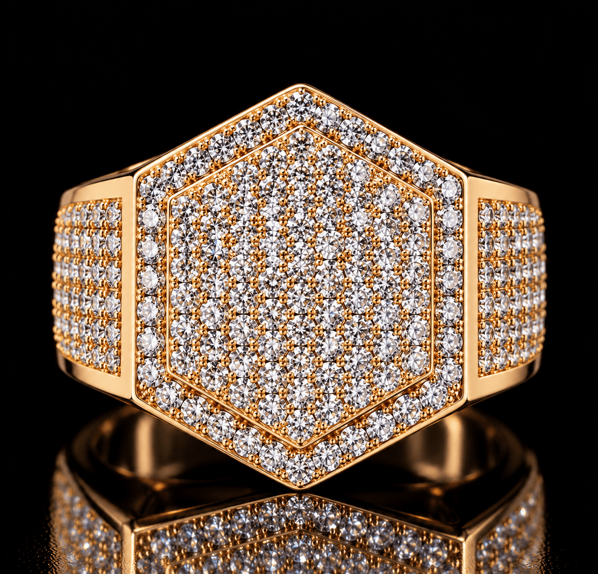 Iced Out Hexagon Signet Ring – Full Pavé CZ, Gold & White Gold - Virtue JewelGold