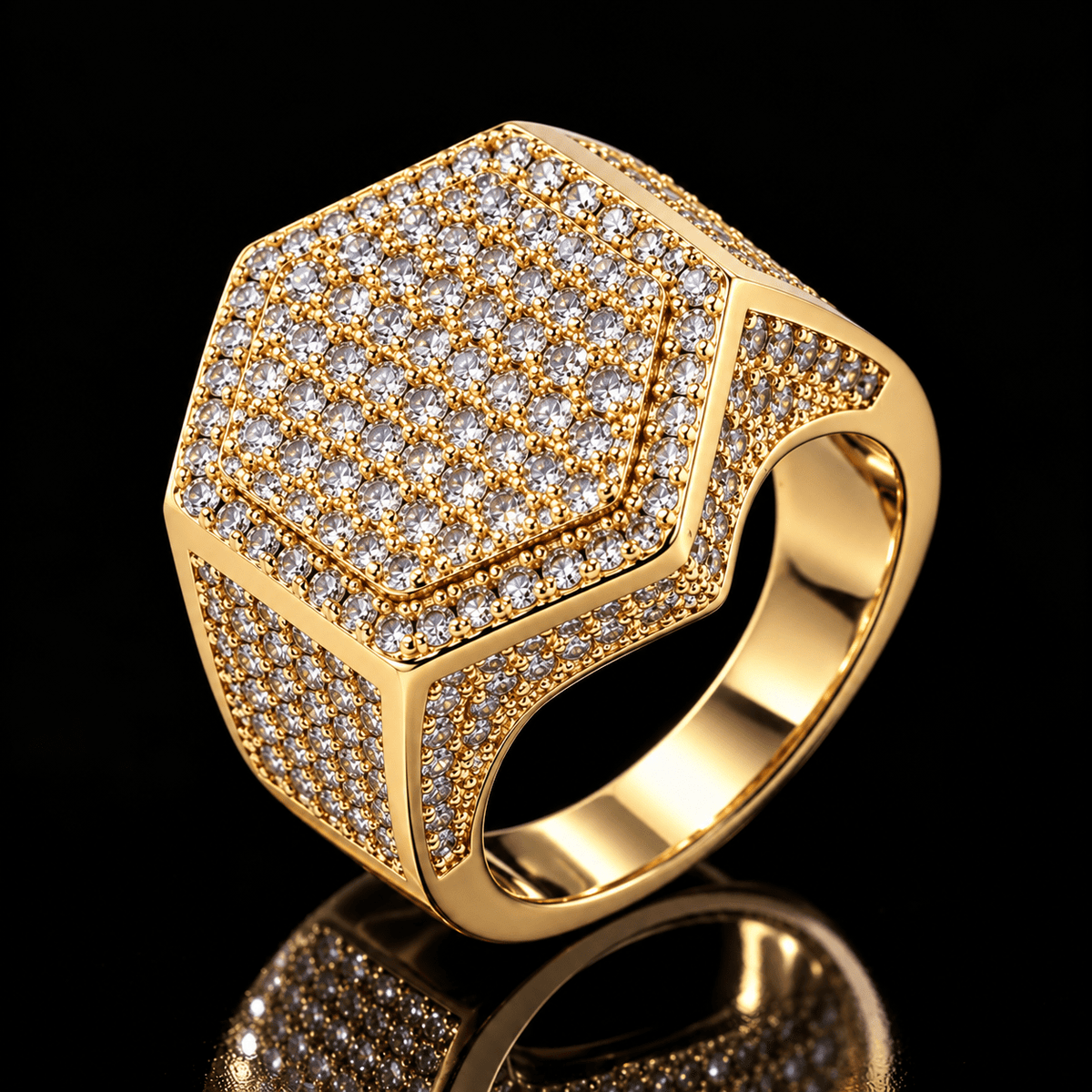 Iced Out Hexagon Signet Ring – Full Pavé CZ, Gold & White Gold - Virtue JewelGold