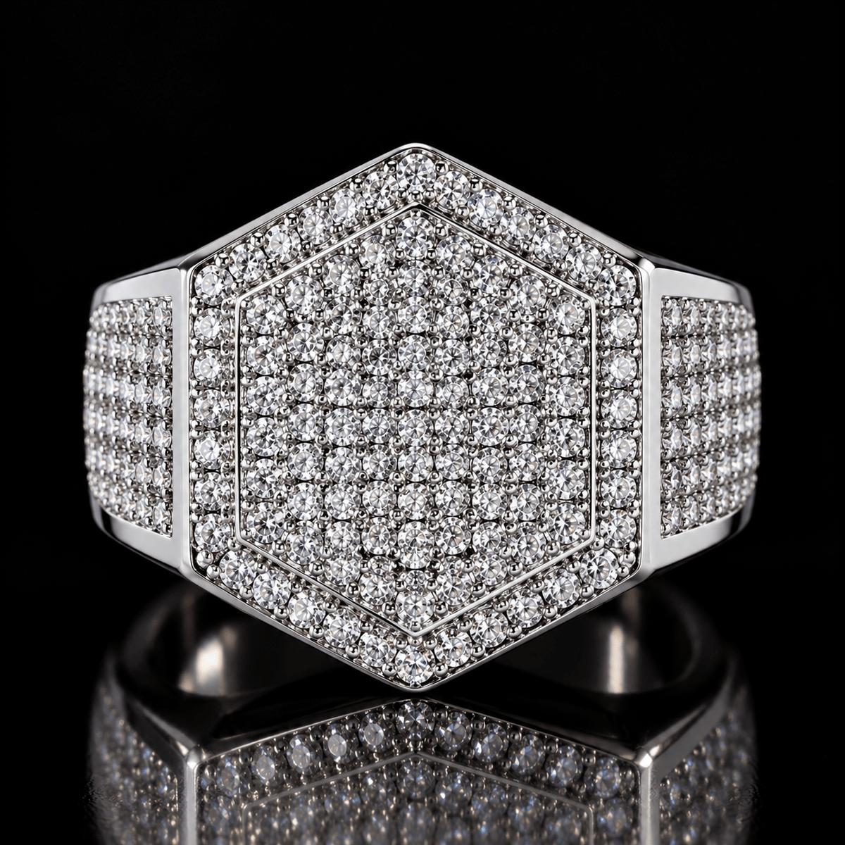 Iced Out Hexagon Signet Ring – Full Pavé CZ, Gold & White Gold - Virtue JewelGold