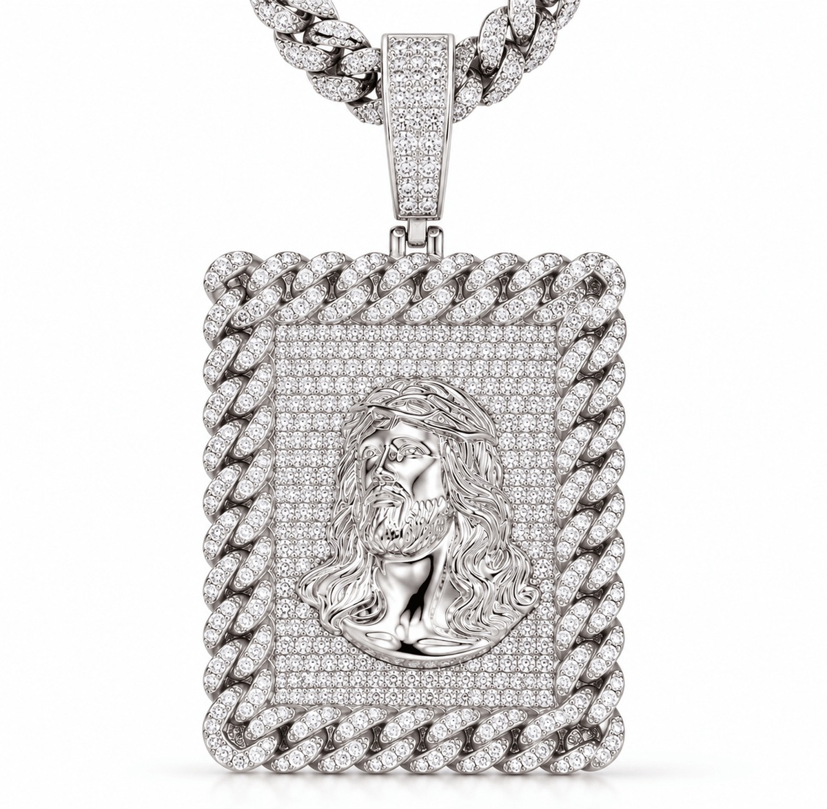 Iced Out Jesus Piece Pendant – Cuban Link Frame, Gold & White Gold - Virtue JewelGold