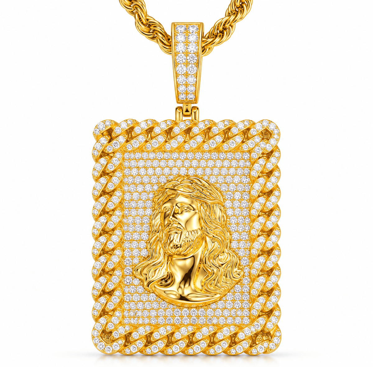 Iced Out Jesus Piece Pendant – Cuban Link Frame, Gold & White Gold - Virtue JewelGold